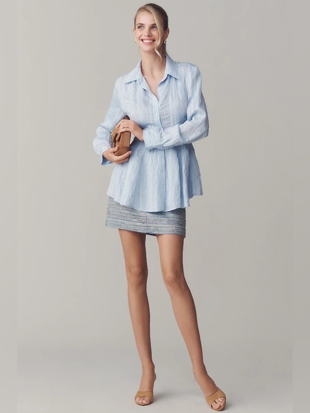 NWT Anthropologie Maeve Waisted Button Down Tunic Light Blue L Coastal $118 - Picture 2 of 9